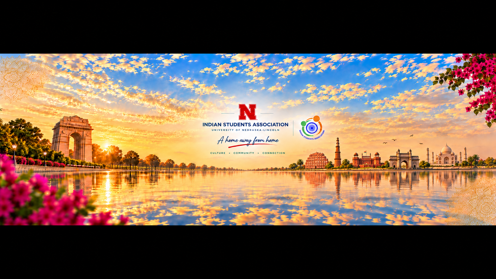 Famous Indian landmarks reflecting on a serene water body under a vibrant sky with colorful clouds.